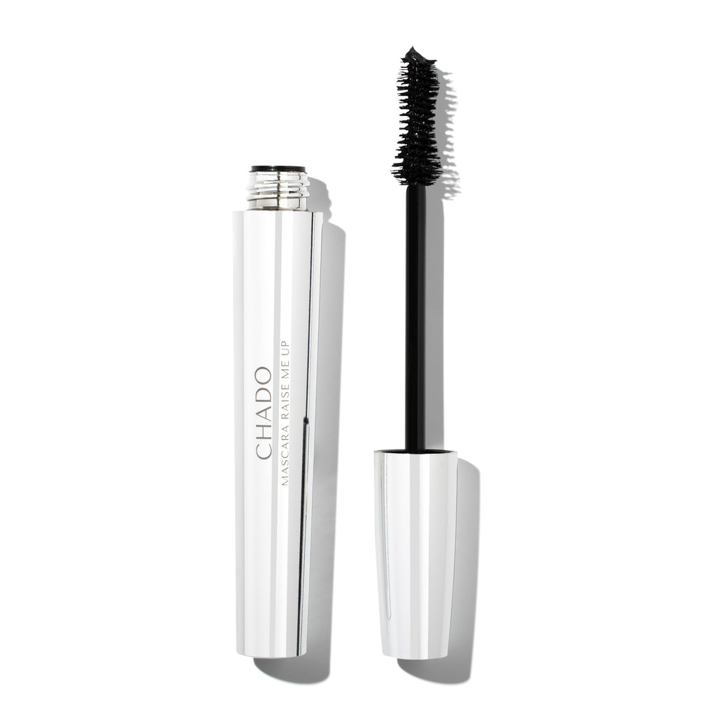 Raise Me Up Volumizing Mascara in its packaging, showcasing the ultra-black, vitamin-enriched formula for intense volume and length. Paraben-free and cruelty-free.
