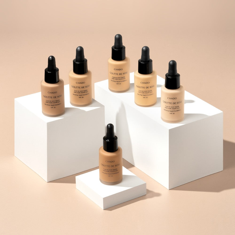 CHADO Goutte de Soie Foundation collection - all foundation shades displayed together