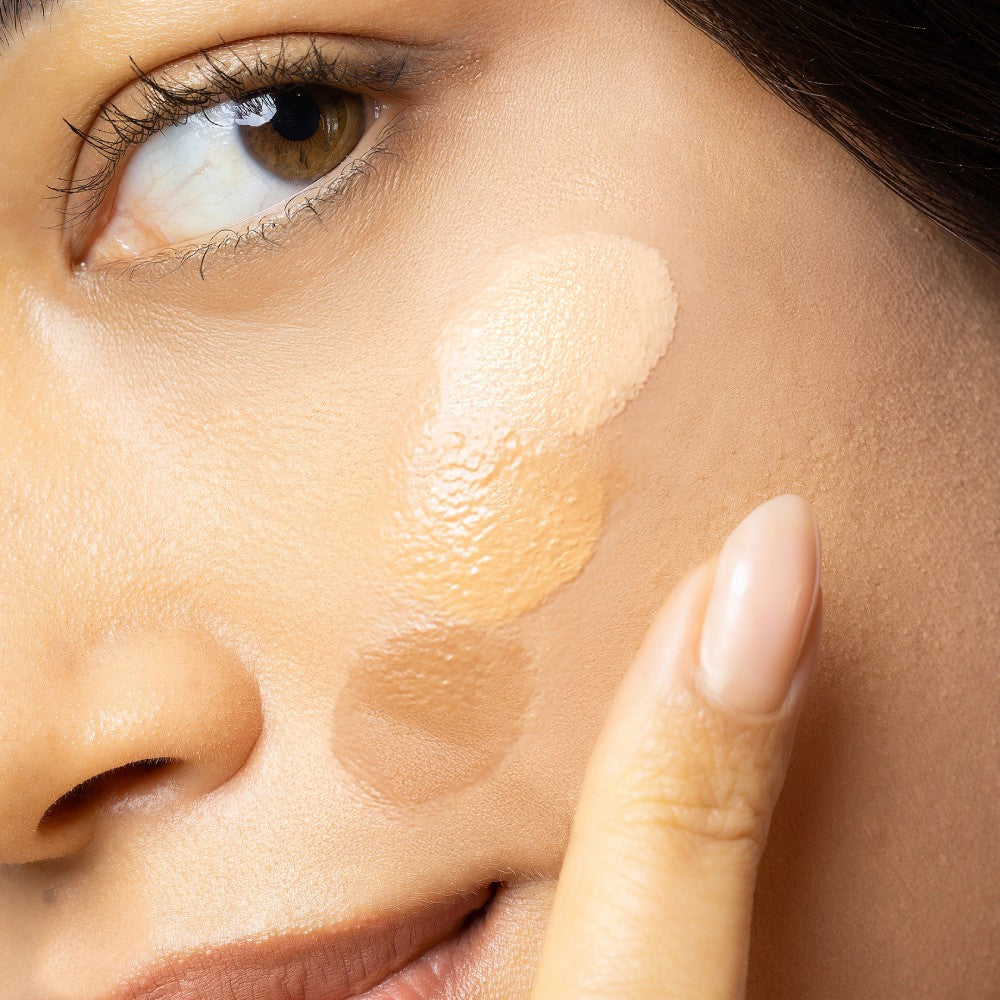 Model wearing CHADO Sable foundation - natural matte finish foundation with vitamins